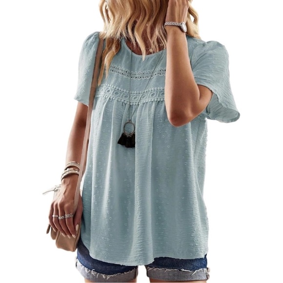 Trendy Chic Powder Blue Flowy Casual Short Sleeve Summer Top 2XL - Picture 6 of 14